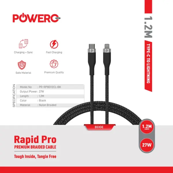 POWER PLUS RAPID PRO PREMIUM BRAIDED USB-A TO TYPE-C CABLE 1.2M | BLACK